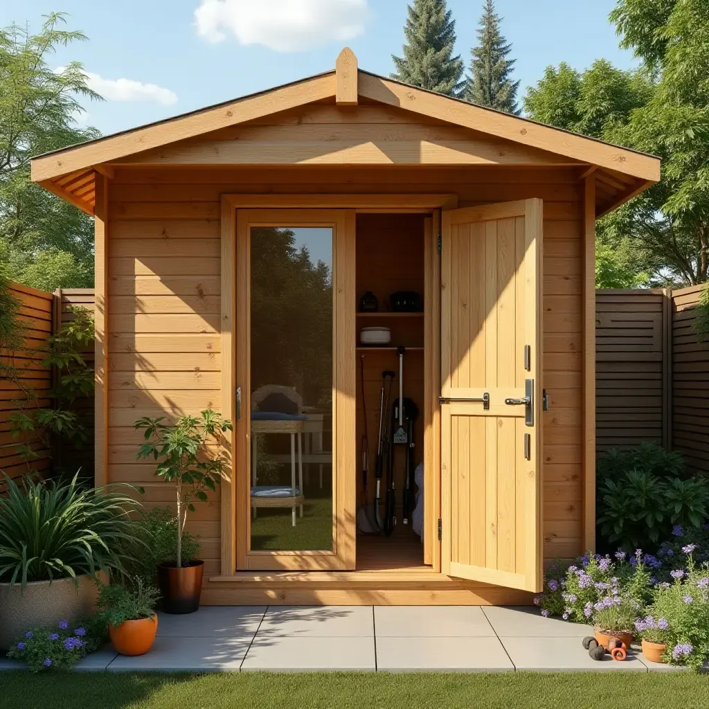 a photo of a balcony showcasing a wooden garden shed for tools