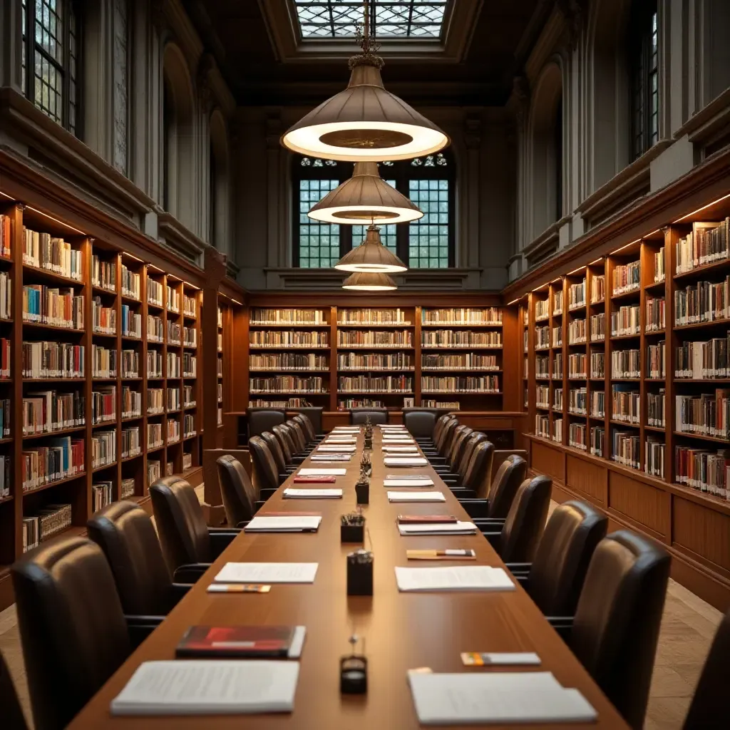 a photo of a library with wooden tables for group readings