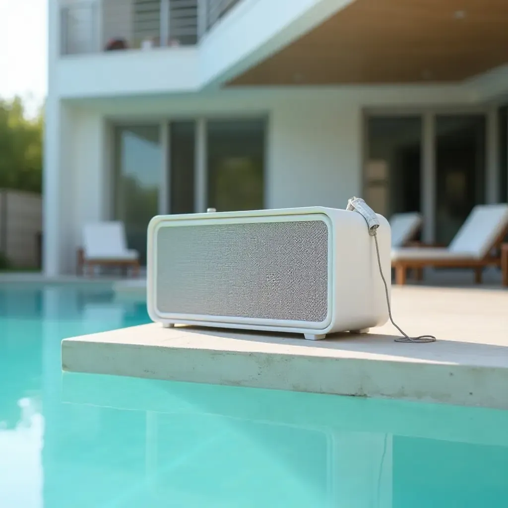 a photo of a stylish poolside shelf featuring a portable speaker