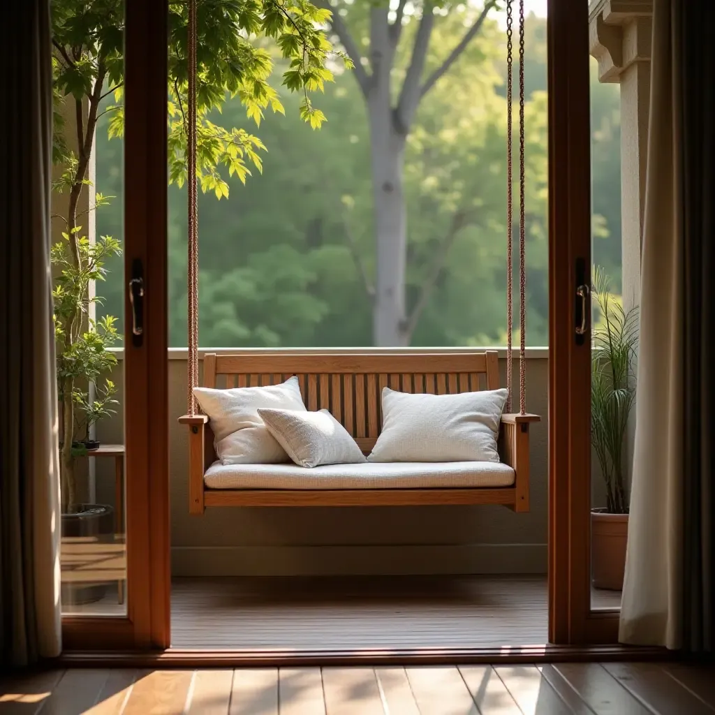 a photo of a balcony showcasing a wooden swing and plush pillows