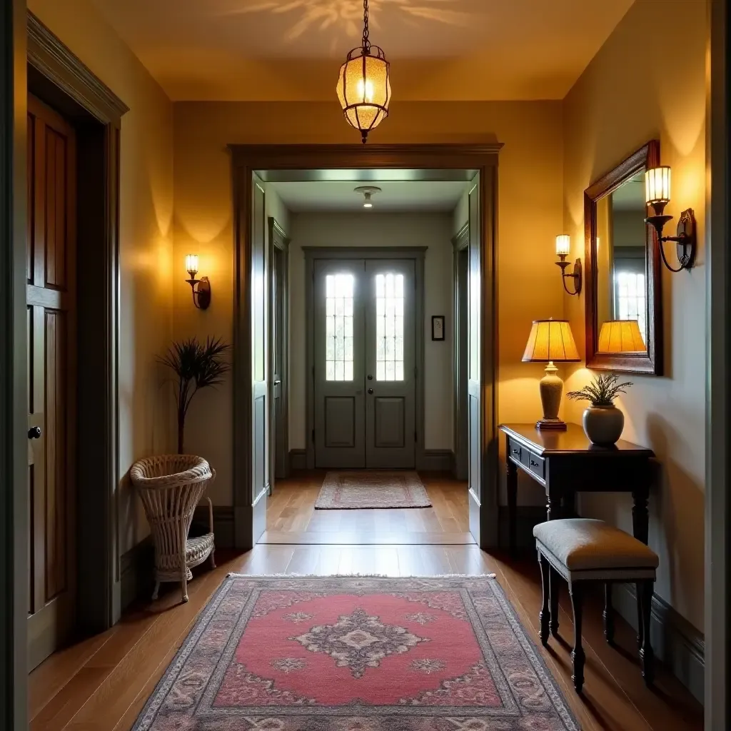 a photo of a cozy foyer with warm lighting and a vintage rug