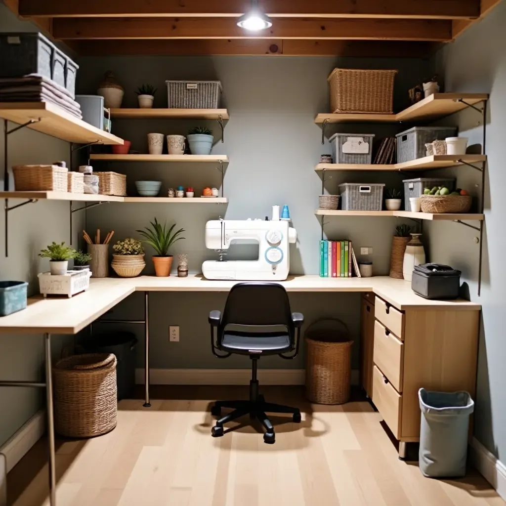 a photo of a chic basement sewing room with organized materials