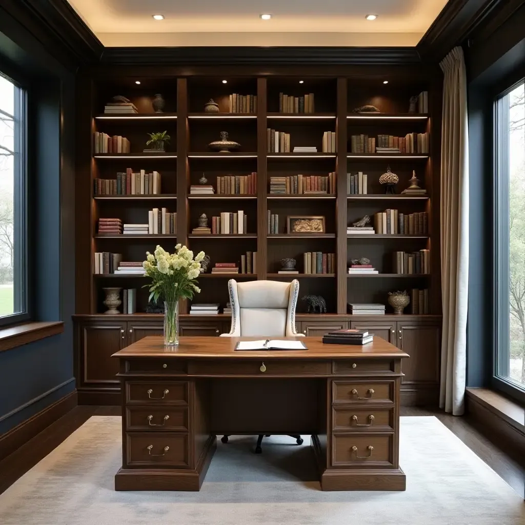 a photo of a modern library with an antique writing desk and sleek book storage