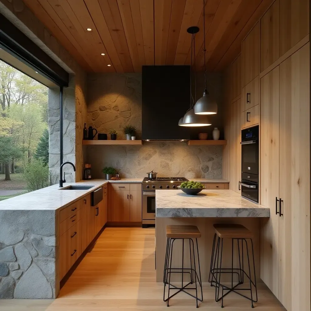 a photo of a cozy kitchen blending warm wood, cool stone, and shiny metal elements