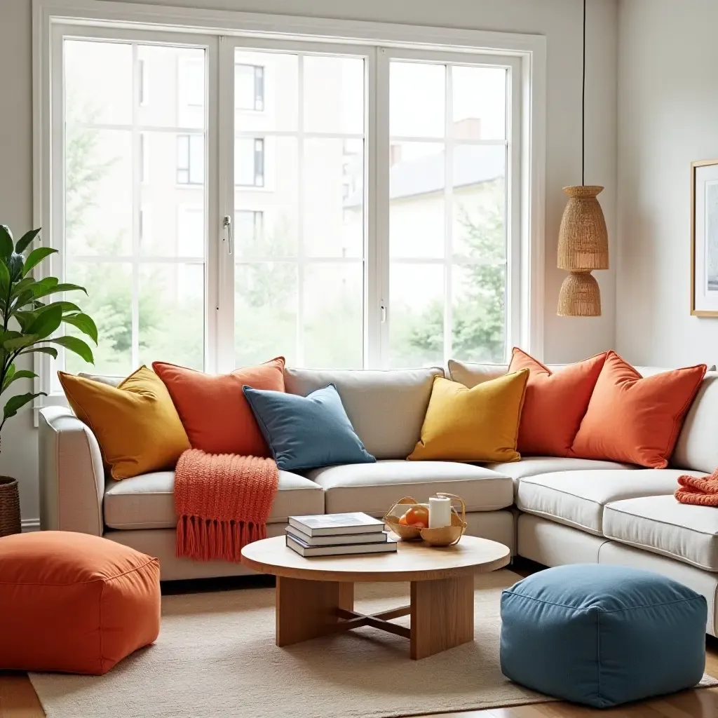 a photo of a bright living room with oversized throw pillows in vibrant colors