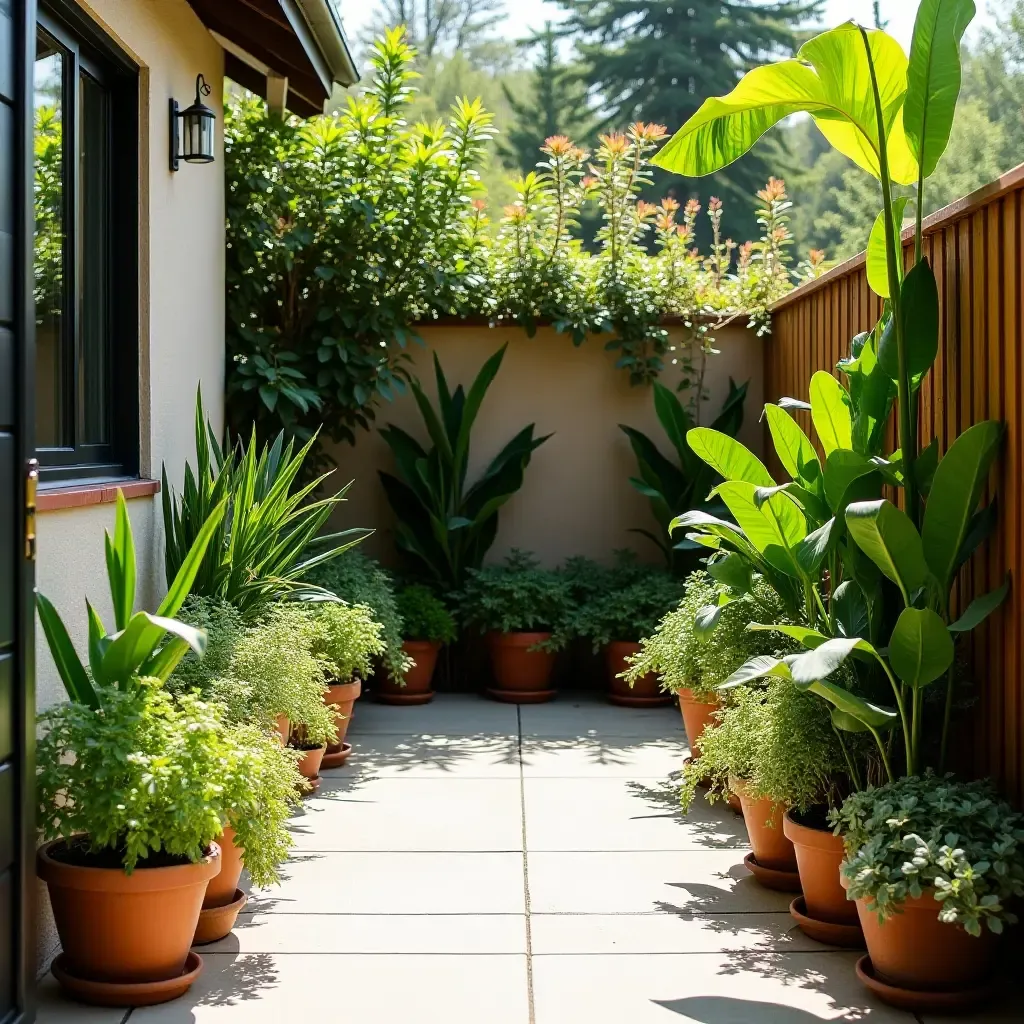 a photo of potted plants creating a lush atmosphere on a 12x12 patio