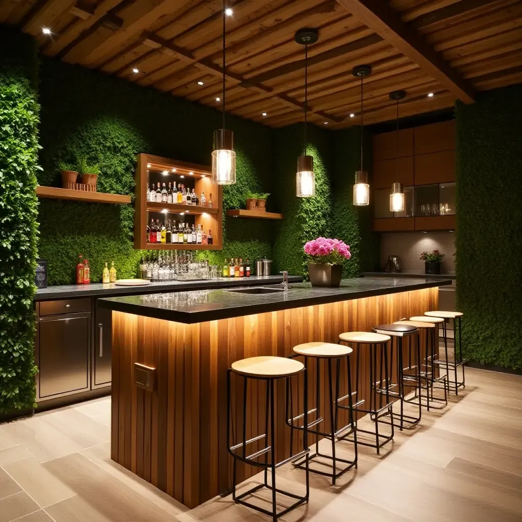 a photo of a garden-themed basement bar with greenery and natural wood finishes