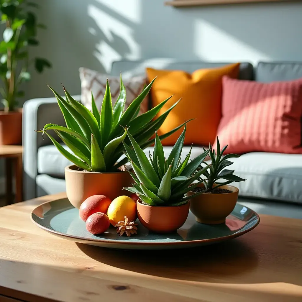 a photo of a vibrant coffee table centerpiece with tropical plants and bright cushions