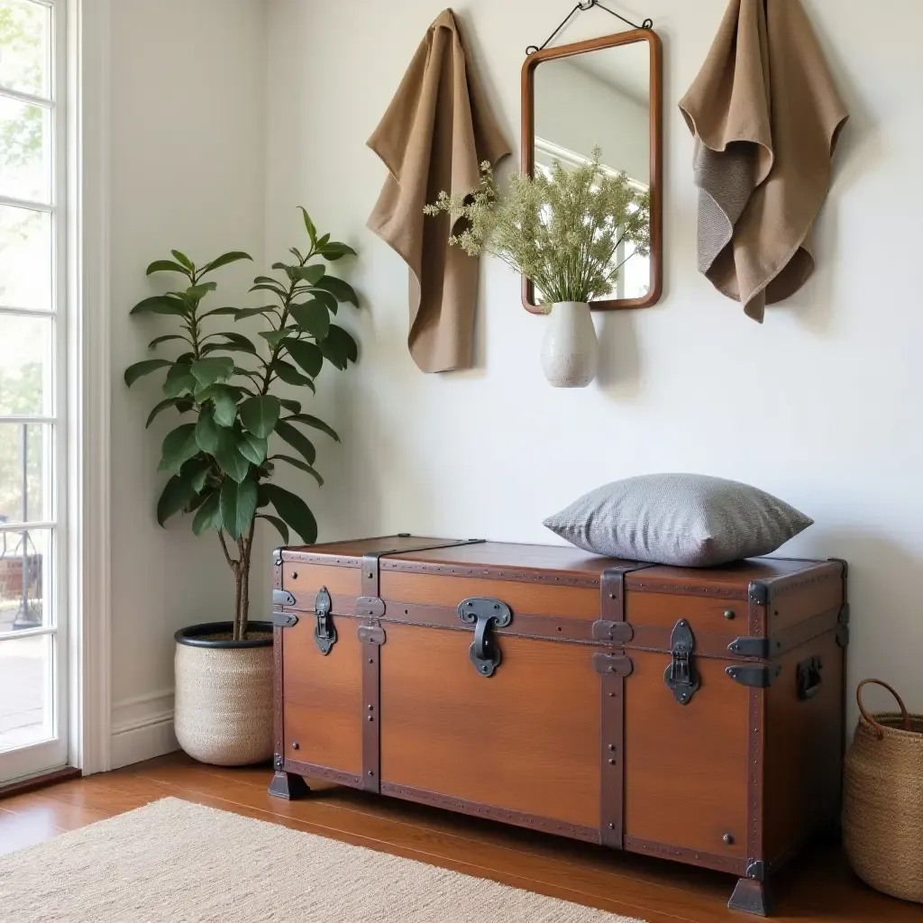 a photo of a vintage trunk used as a bench in a charming, eclectic entryway