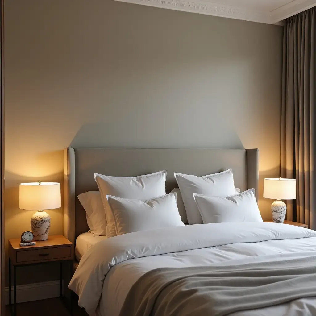 a photo of a stylish bedroom with marble lamps and accessories