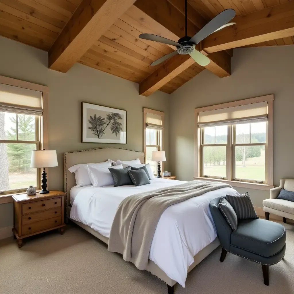 a photo of natural wood beams accentuating the ceiling of a rustic master bedroom