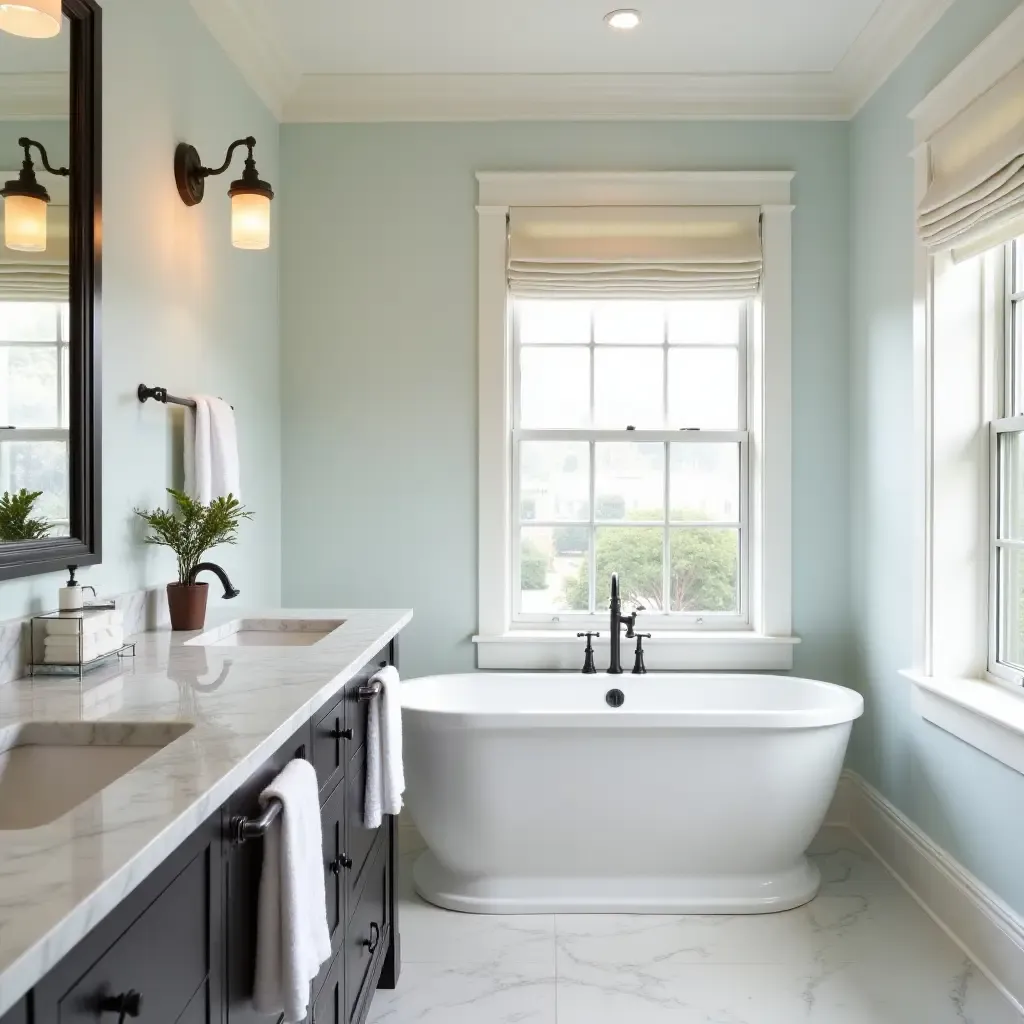 a photo of a coastal-themed bathroom illuminated by nautical pendant lights