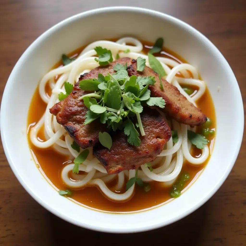 a photo of Bun Cha, grilled pork with vermicelli noodles, garnished with herbs and pickled vegetables.