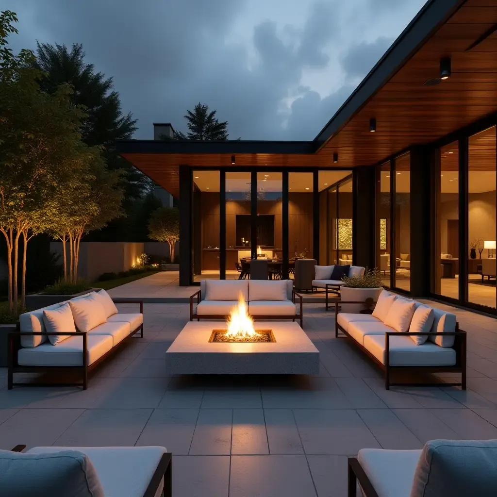 a photo of a stylish lounge with a fire pit and comfortable seating