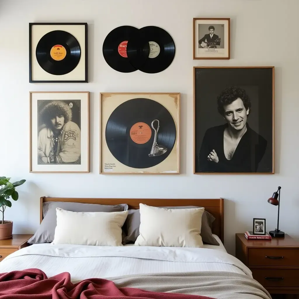 a photo of a gallery wall with framed vinyl records and music-themed decor