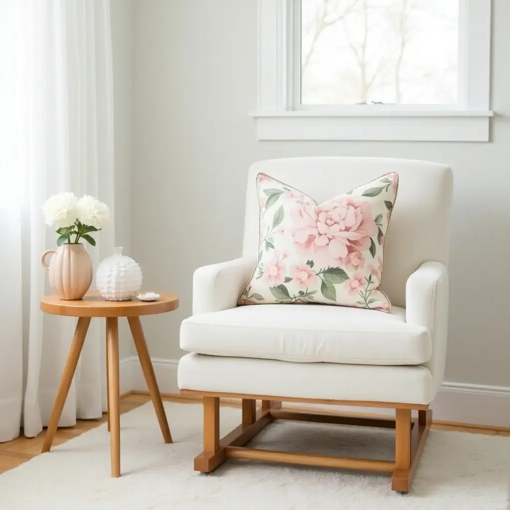 a photo of a nursery with vintage floral throw pillows on a glider