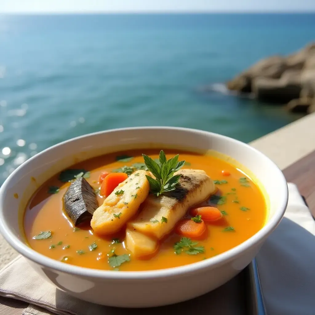 a photo of fish soup with saffron and vegetables in a Greek seaside setting