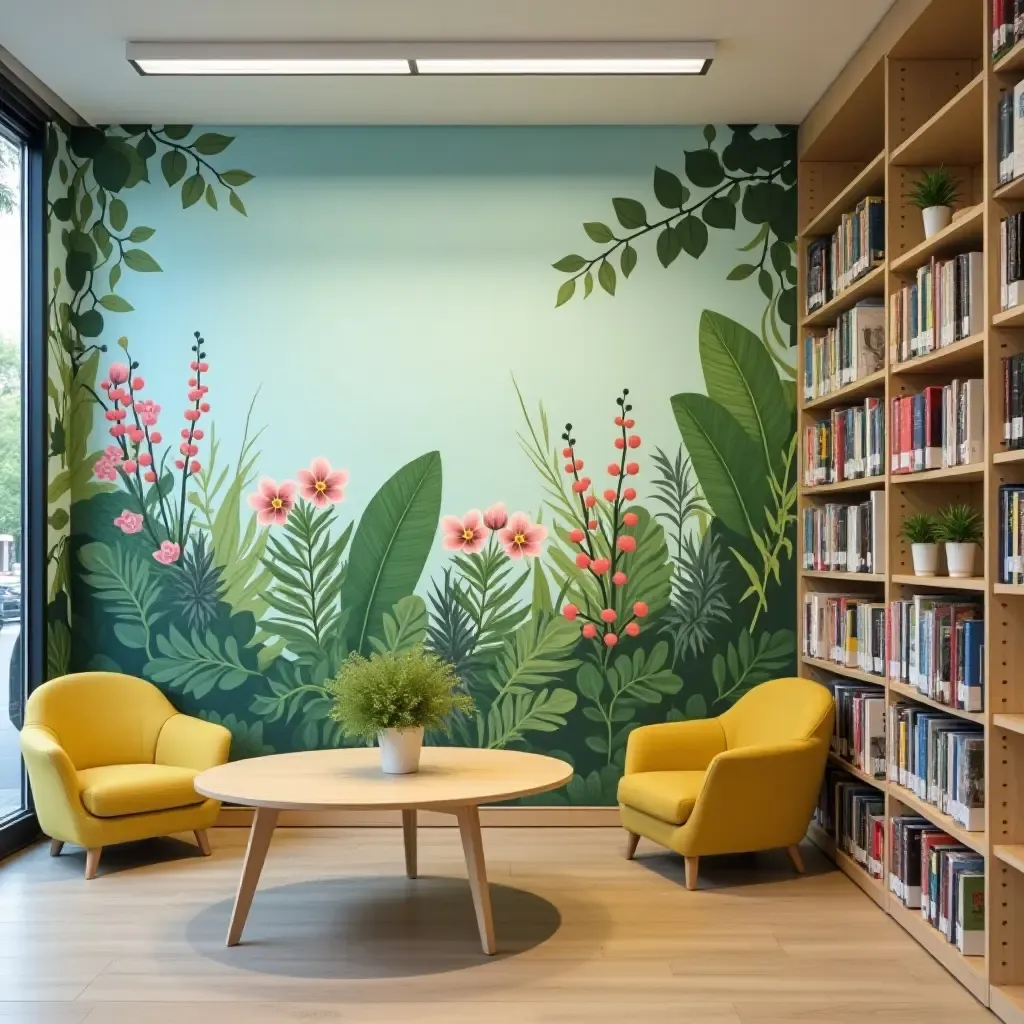 a photo of a library with a plant-themed mural