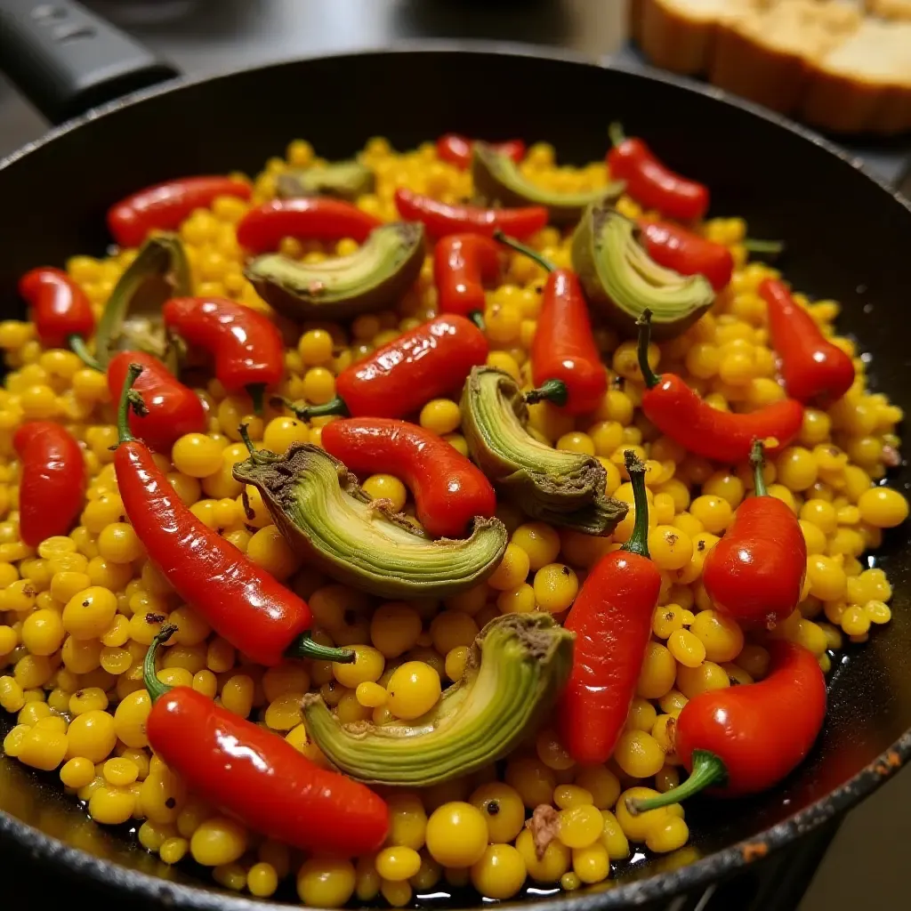 a photo of paella with roasted red peppers and artichokes, Mediterranean flavors.