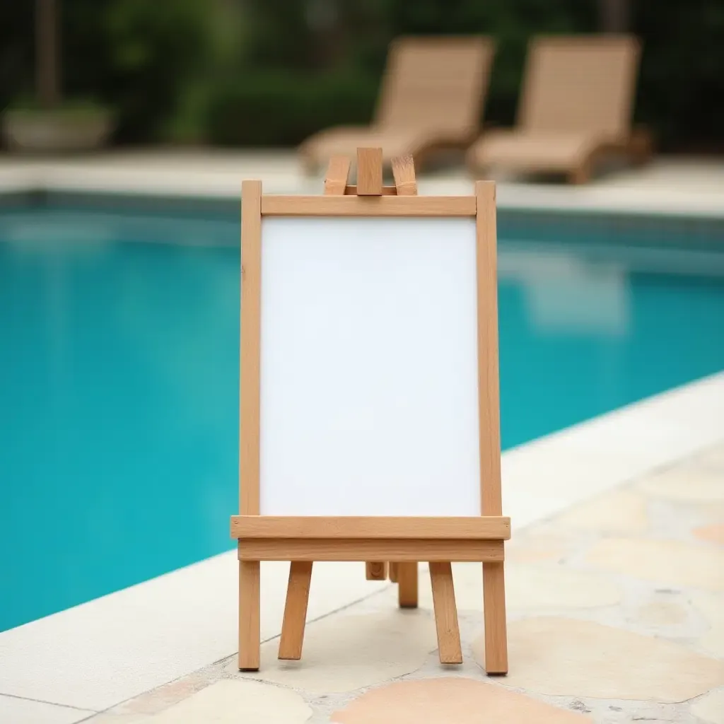 a photo of a wooden easel displaying poolside artwork