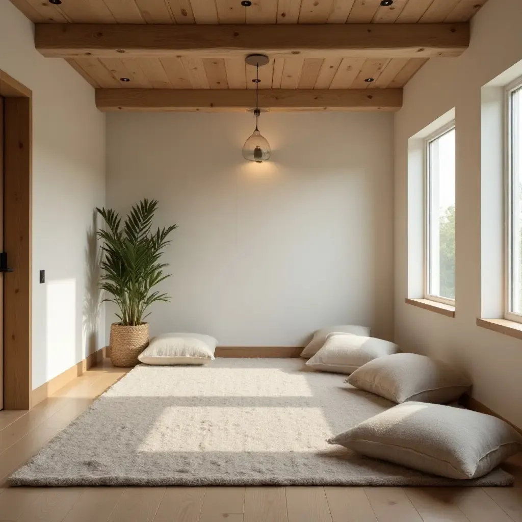 a photo of a serene basement meditation space with soft throw pillows on the floor