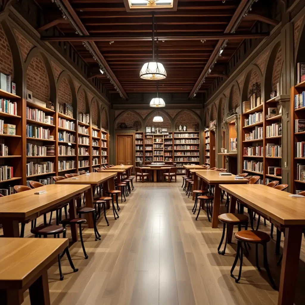 a photo of a library with wooden benches and a communal reading area