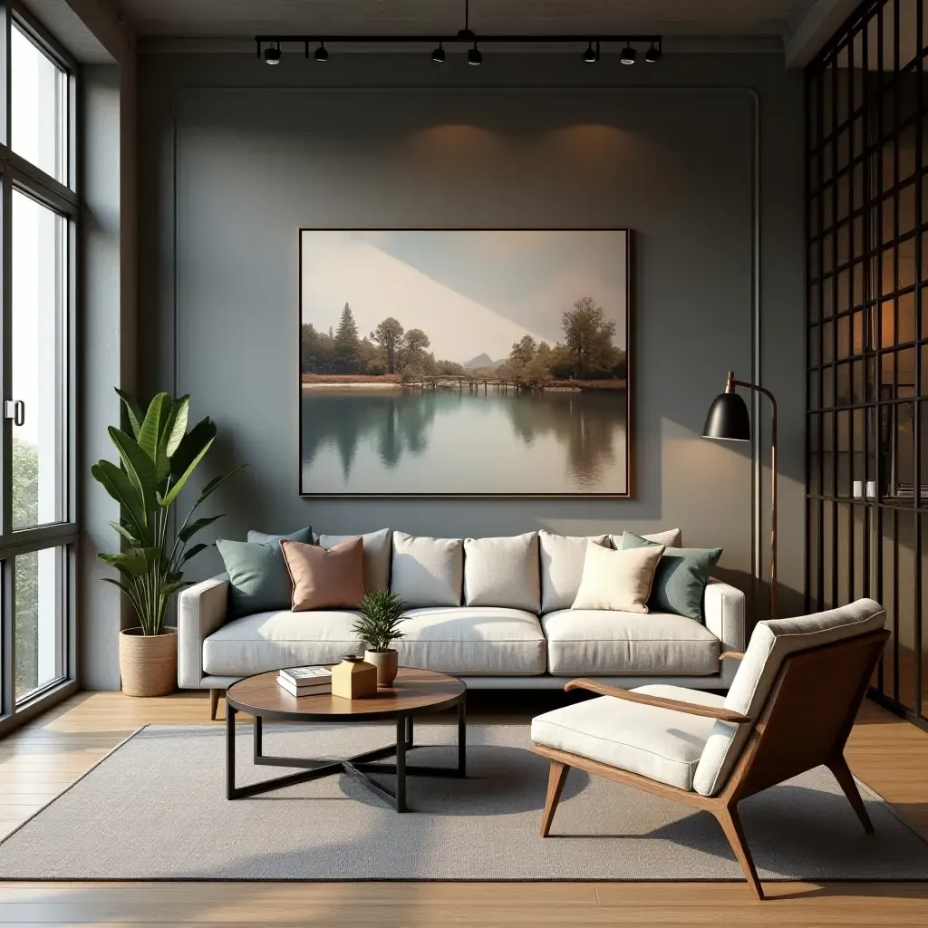 a photo of a chic urban living room with industrial elements and modern art