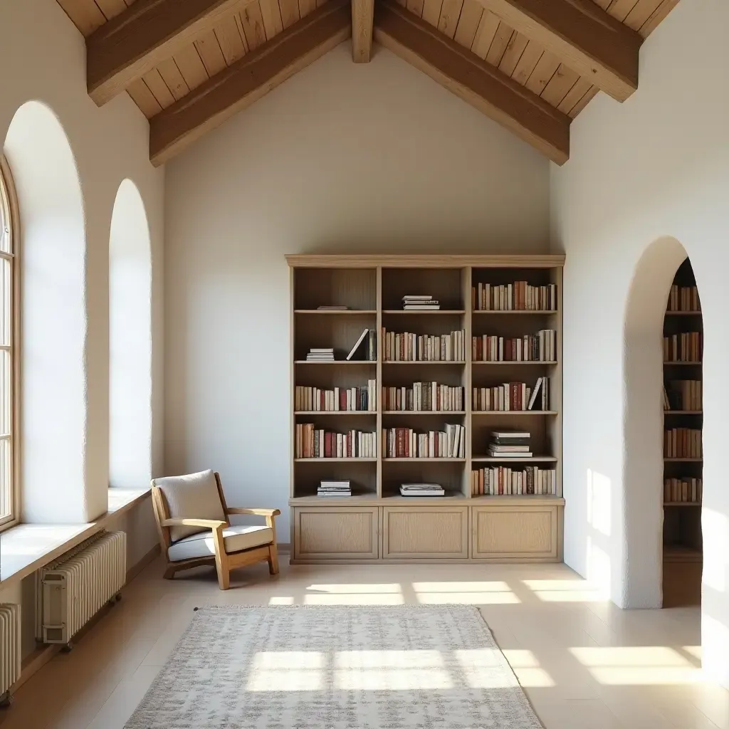 a photo of a charming library with whitewashed walls and wooden beams