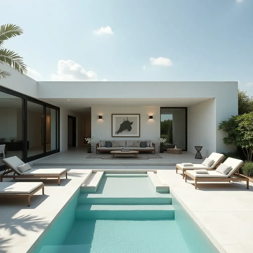 a photo of a stylish poolside space with minimalist furniture and decor