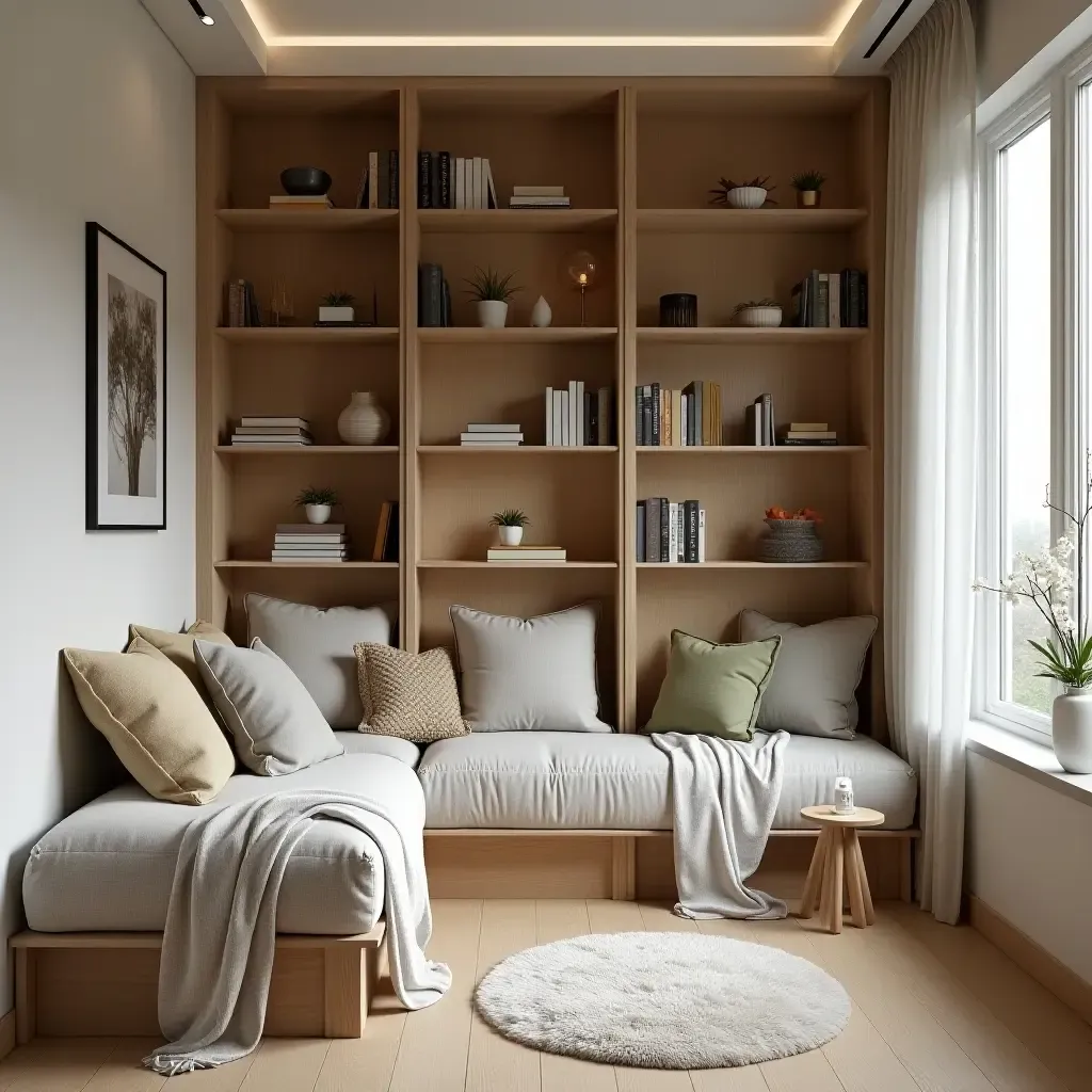 a photo of a reading nook featuring a ladder bookshelf and plush seating