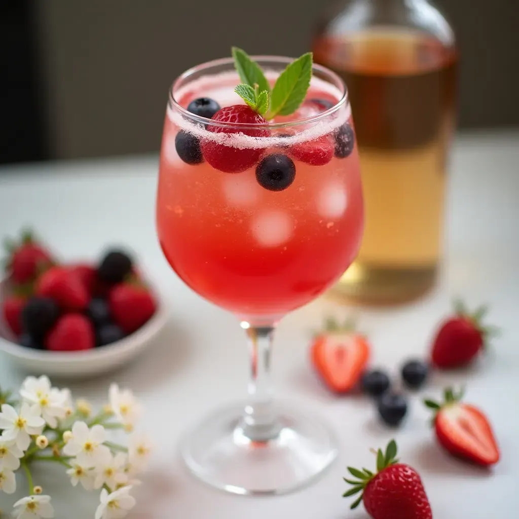 a photo of a Parisian-style cocktail with elderflower liqueur and fresh berries.