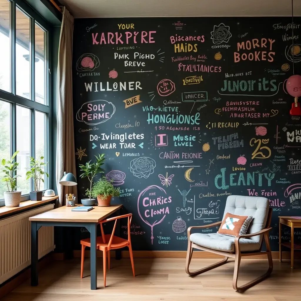 a photo of a colorful chalkboard gallery wall with doodles and messages in a creative teen&#x27;s space