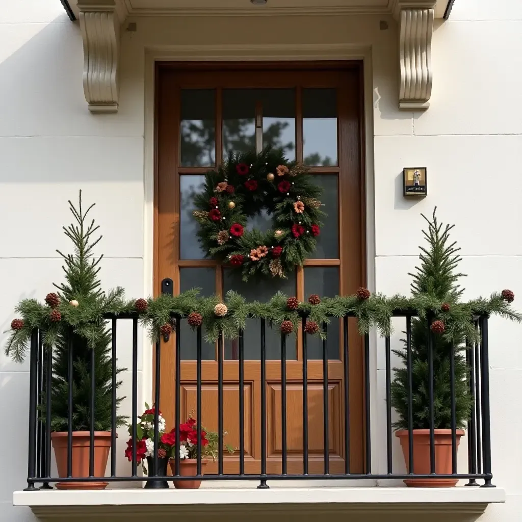 a photo of a balcony adorned with seasonal wreaths and potted plants