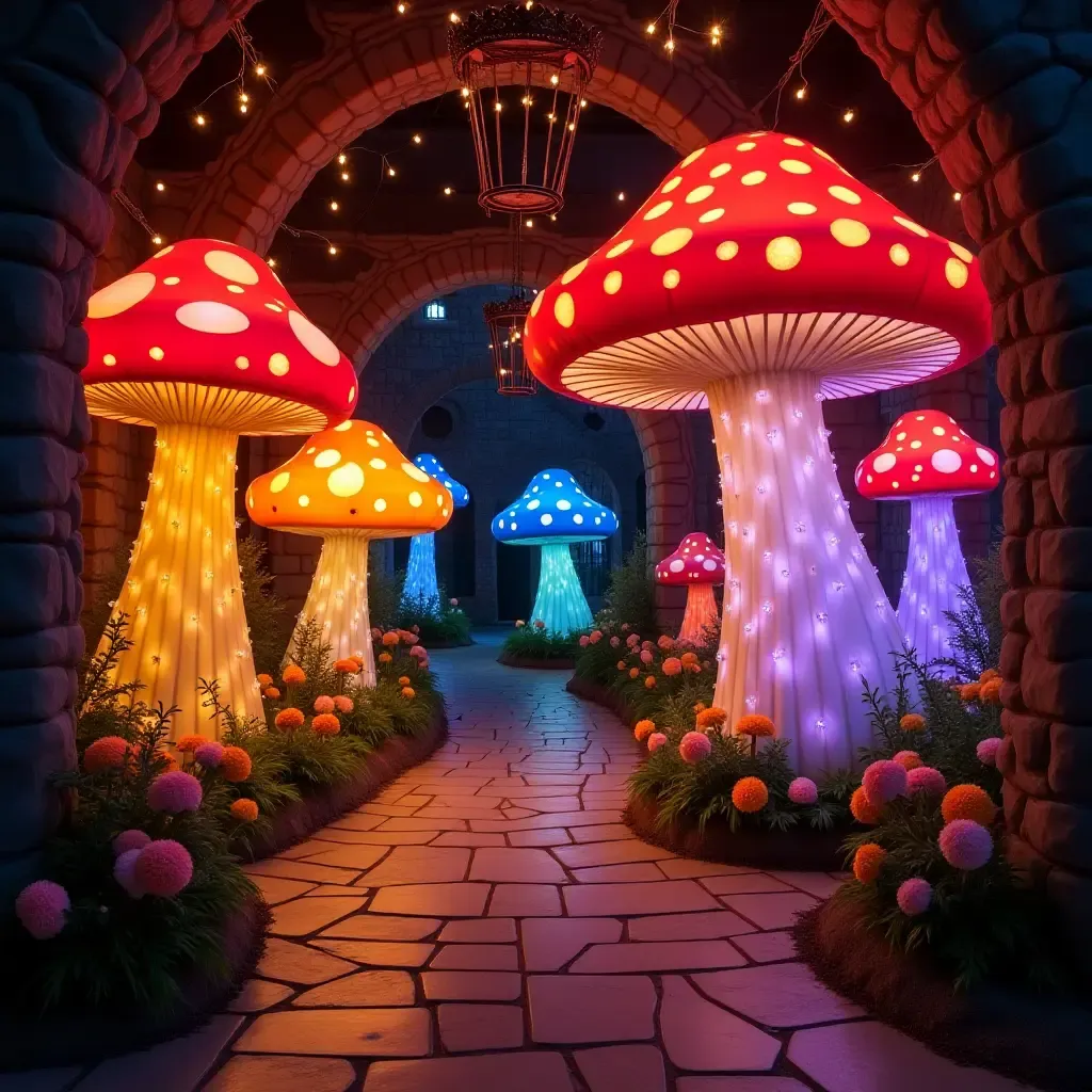 a photo of a colorful entrance hall with oversized mushrooms and fairy lights