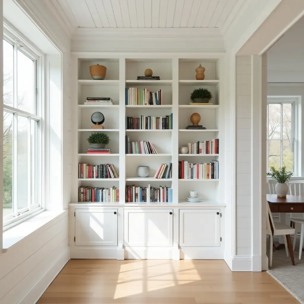 a photo of a bright home library with white shiplap walls and natural light