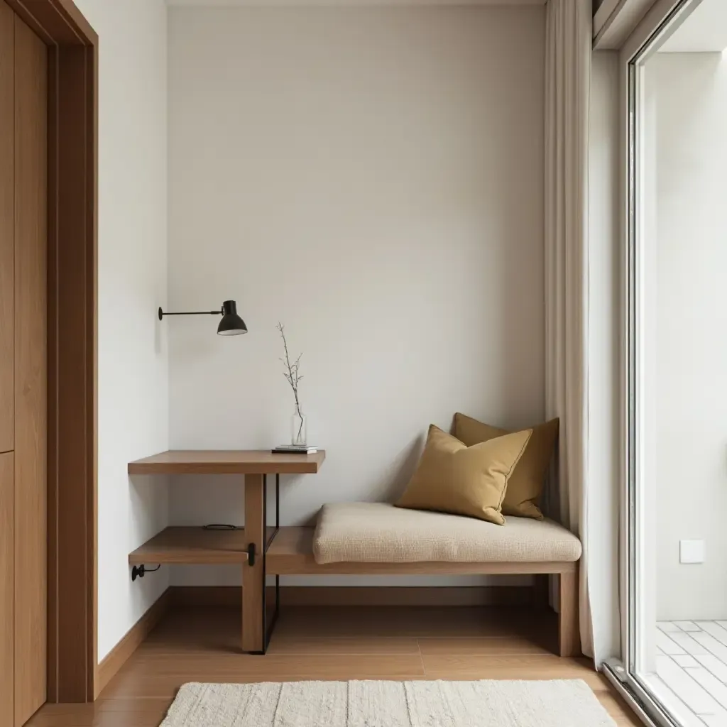 a photo of a multifunctional bench with a desk in a hallway