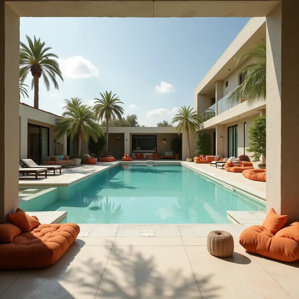 a photo of a family-friendly lounge area by the pool with games and toys