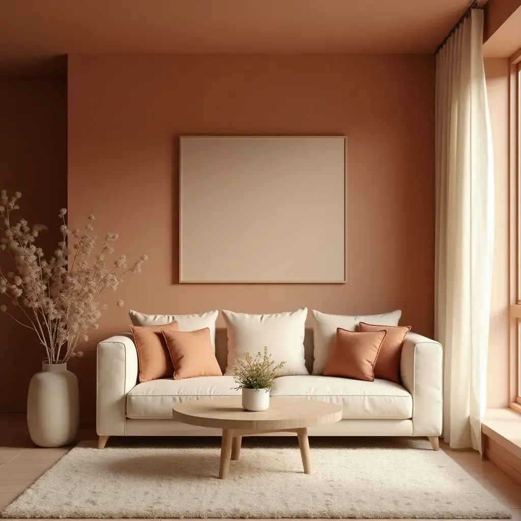 a photo of a warm living room with terracotta and soft cream