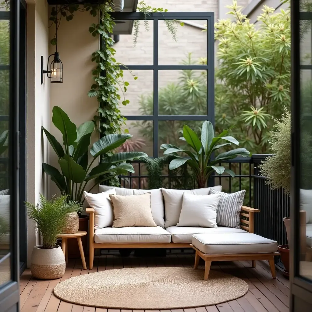 a photo of a balcony featuring a cozy reading nook with cushions and plants