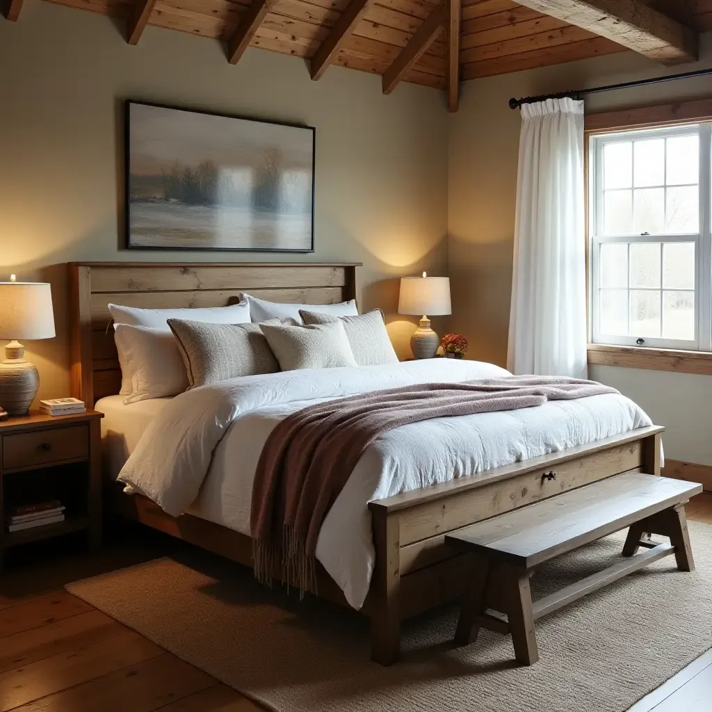 a photo of a rustic bedroom with a farmhouse-style bed and cozy throws