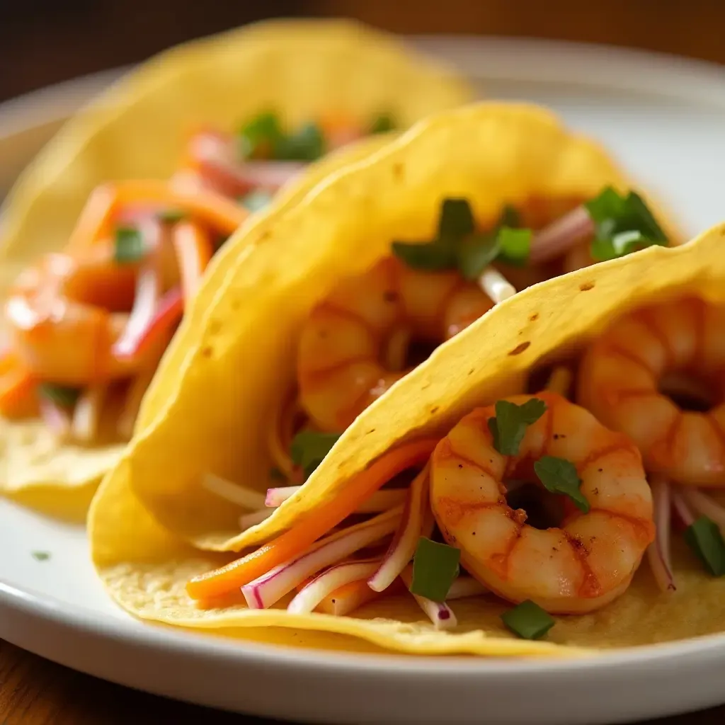 a photo of corn tortilla tacos filled with grilled shrimp and tangy slaw.