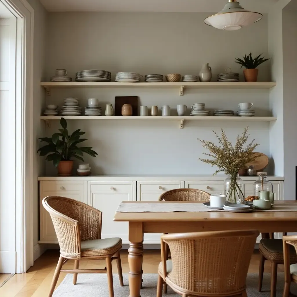 a photo of a cozy dining area with open shelves displaying curated dishware