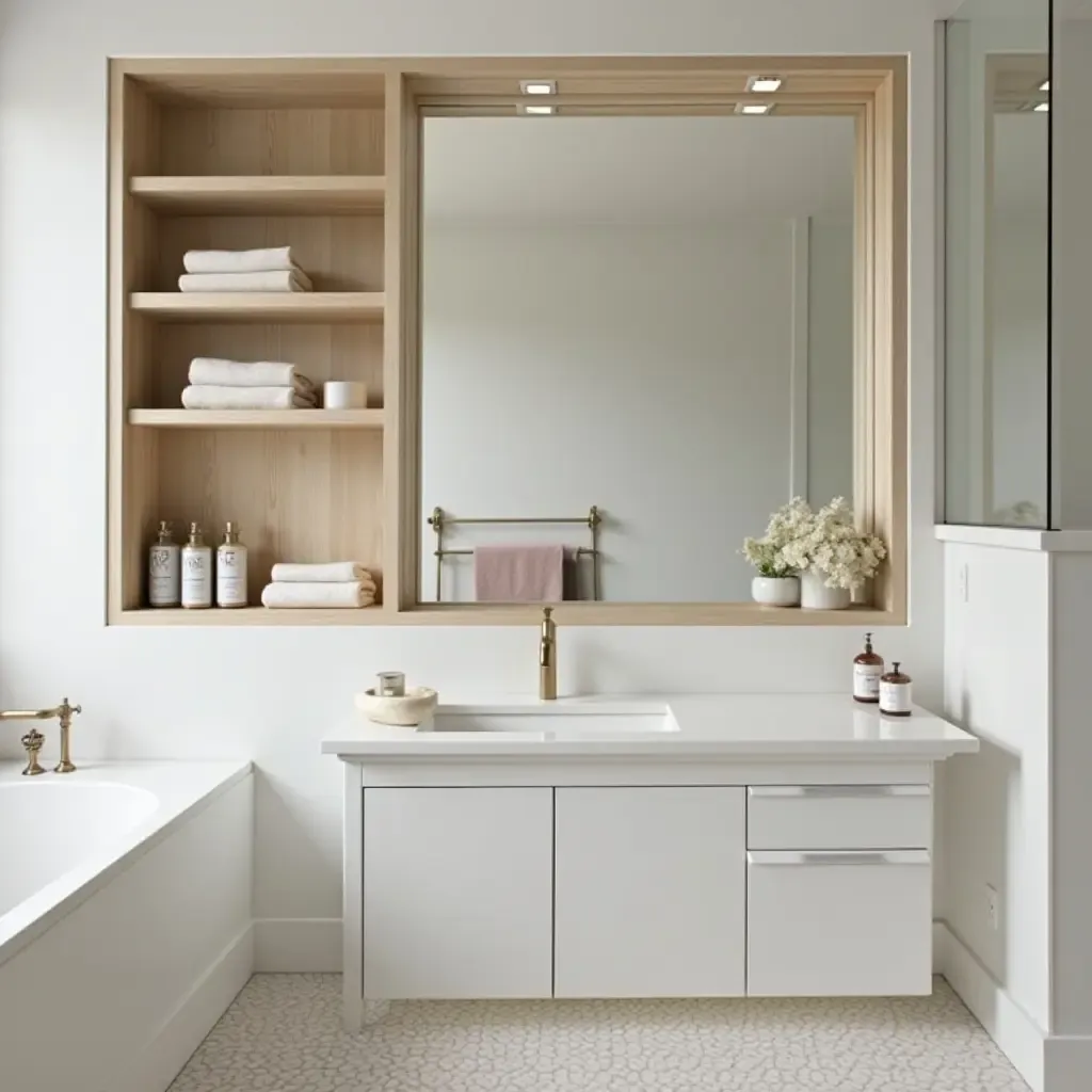 a photo of a bathroom with a custom-built shelving unit