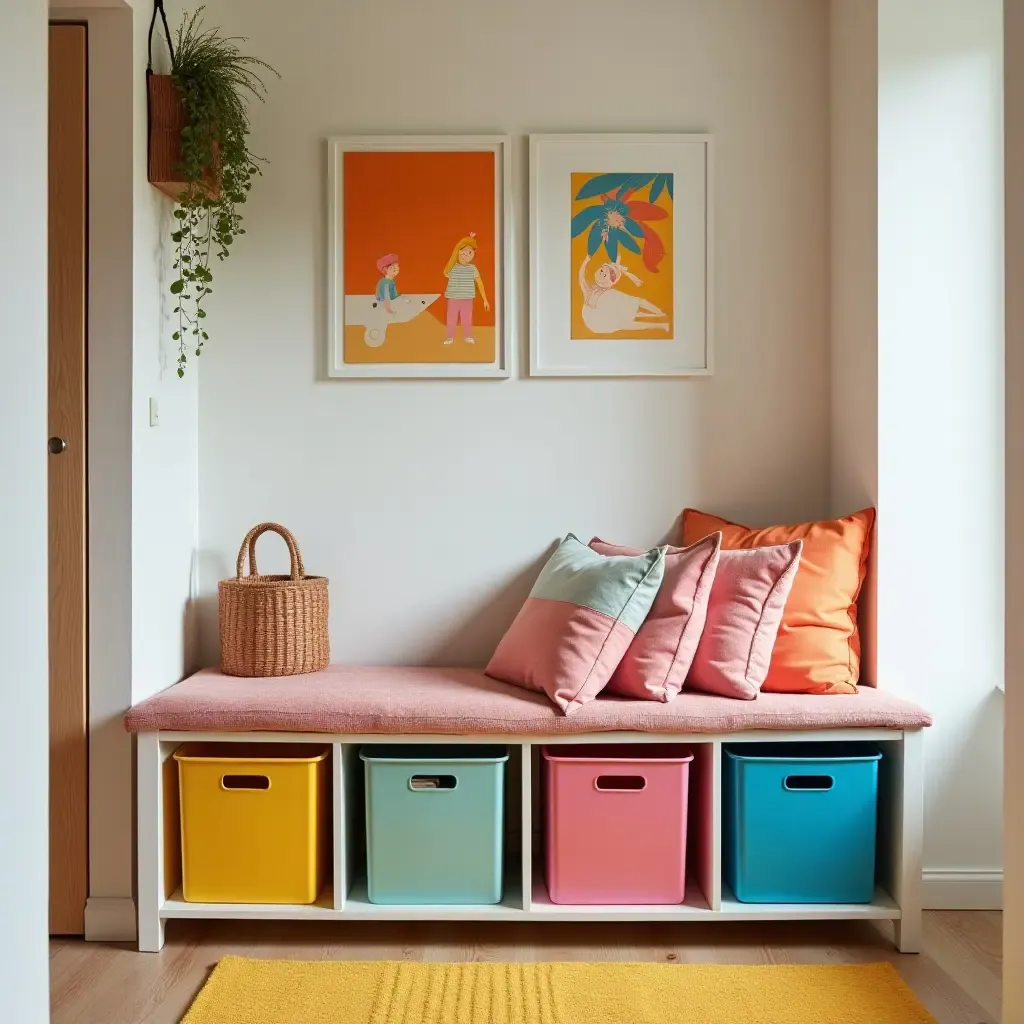 a photo of a vibrant entrance featuring colorful storage bins and wall art