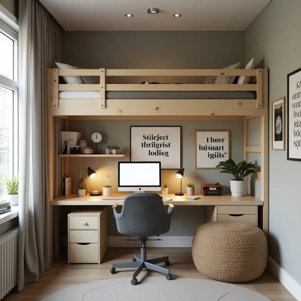 a photo of a loft bed with a cozy workspace and inspirational quotes