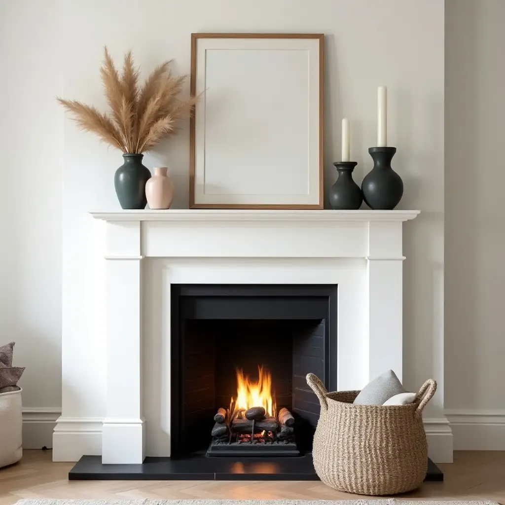 a photo of a beautiful fireplace mantel decorated with chic items