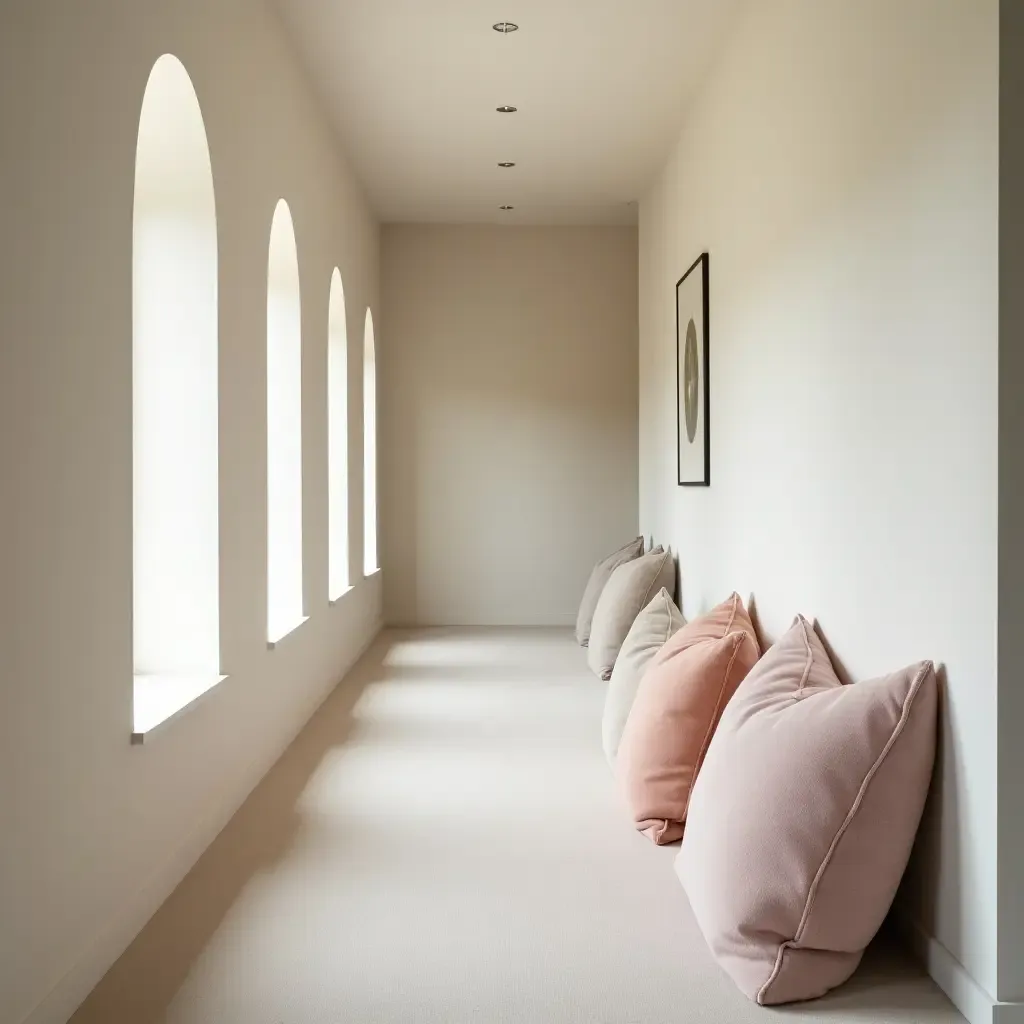 a photo of a serene corridor with pastel-colored throw pillows creating tranquility