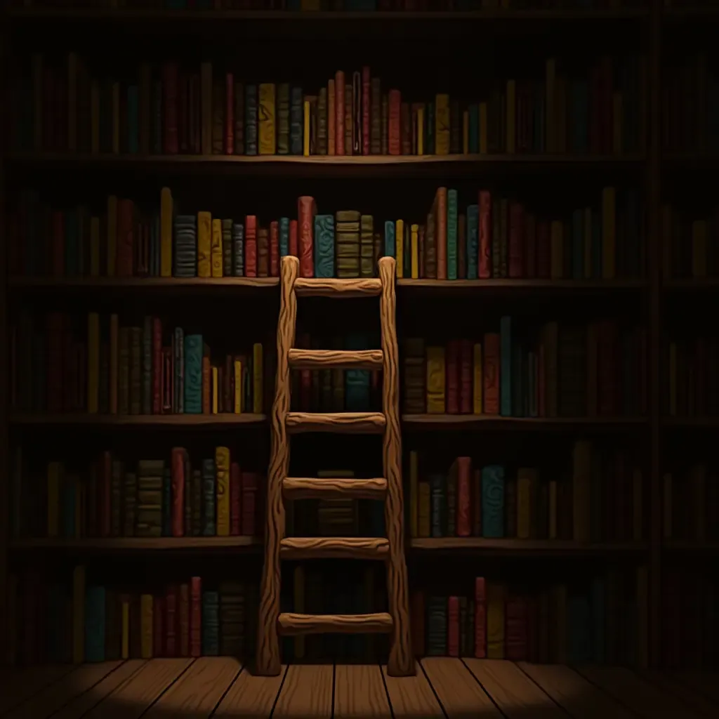 a photo of a library with a rustic wooden ladder and colorful book spines