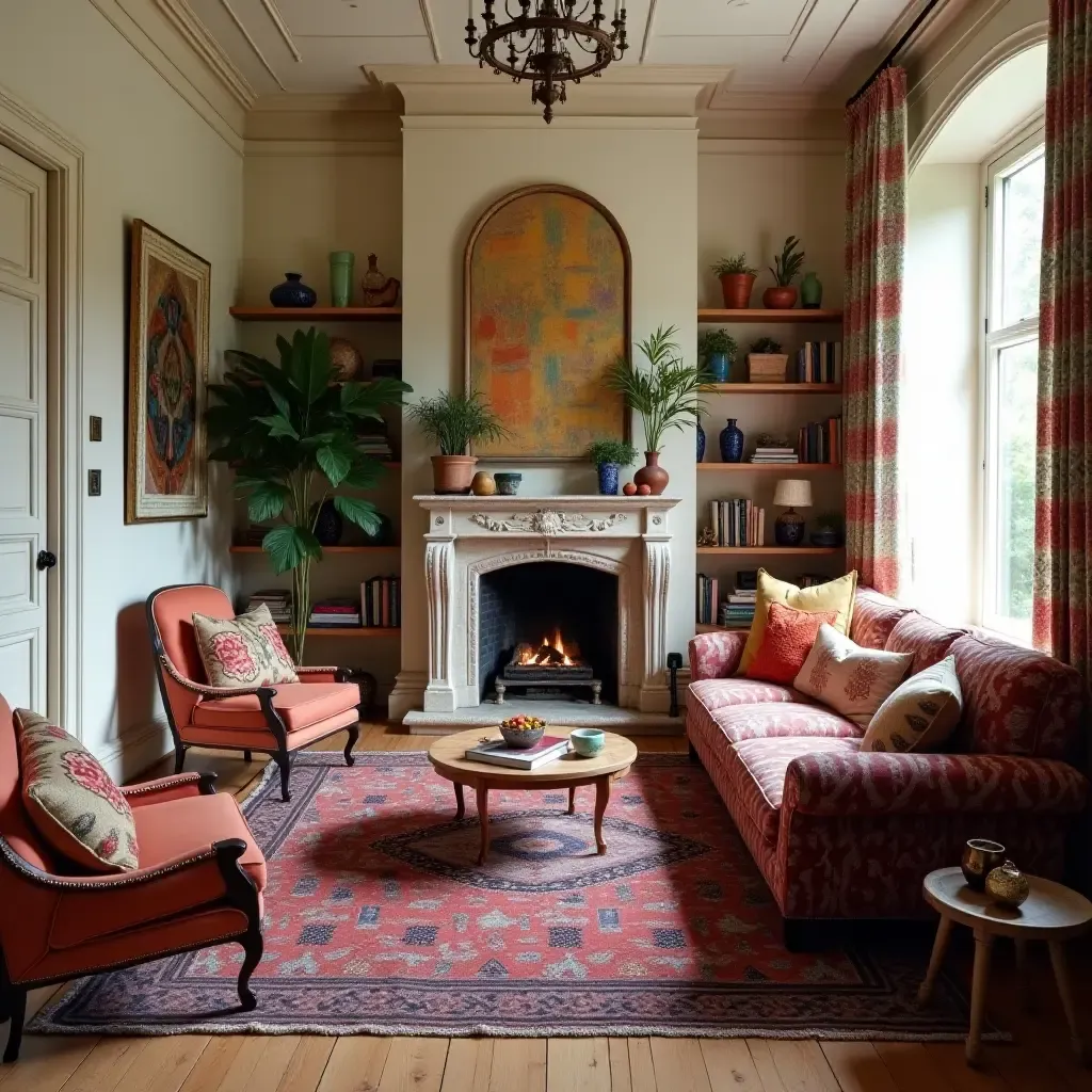 a photo of a bohemian-style living room with eclectic decor and vibrant textiles