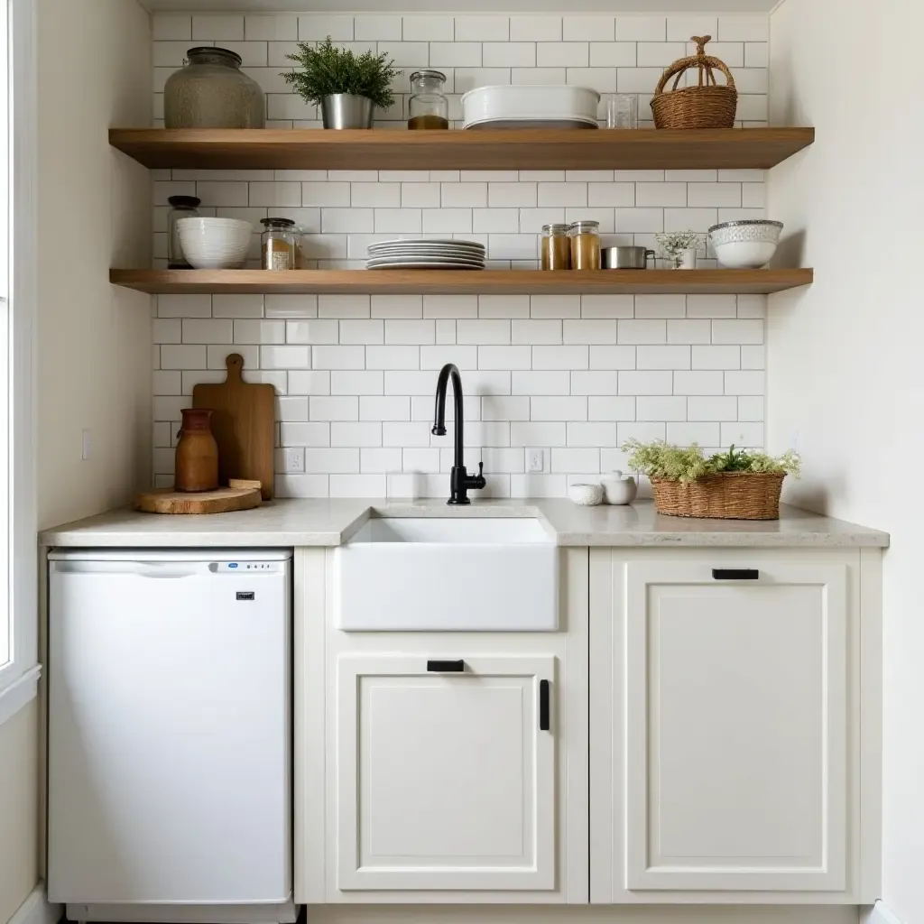 a photo of a farmhouse-style basement kitchenette with open shelving and vintage touches